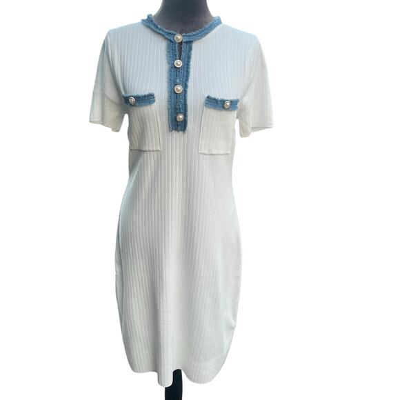 Nanette Lepore Ribbed T-Shirt Dress White Denim Pearls Sz M - Picture 3 of 10